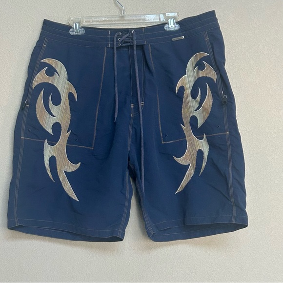 Harley-Davidson Vintage Flame Board Shorts Men’s 2XL Blue Swim Trunks Tribal - Picture 1 of 7